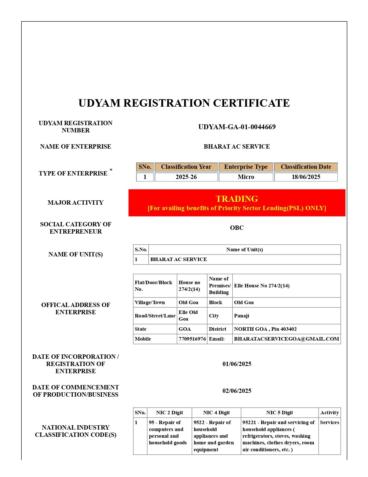 Udyam Registration Certificate - Bharat AC Service